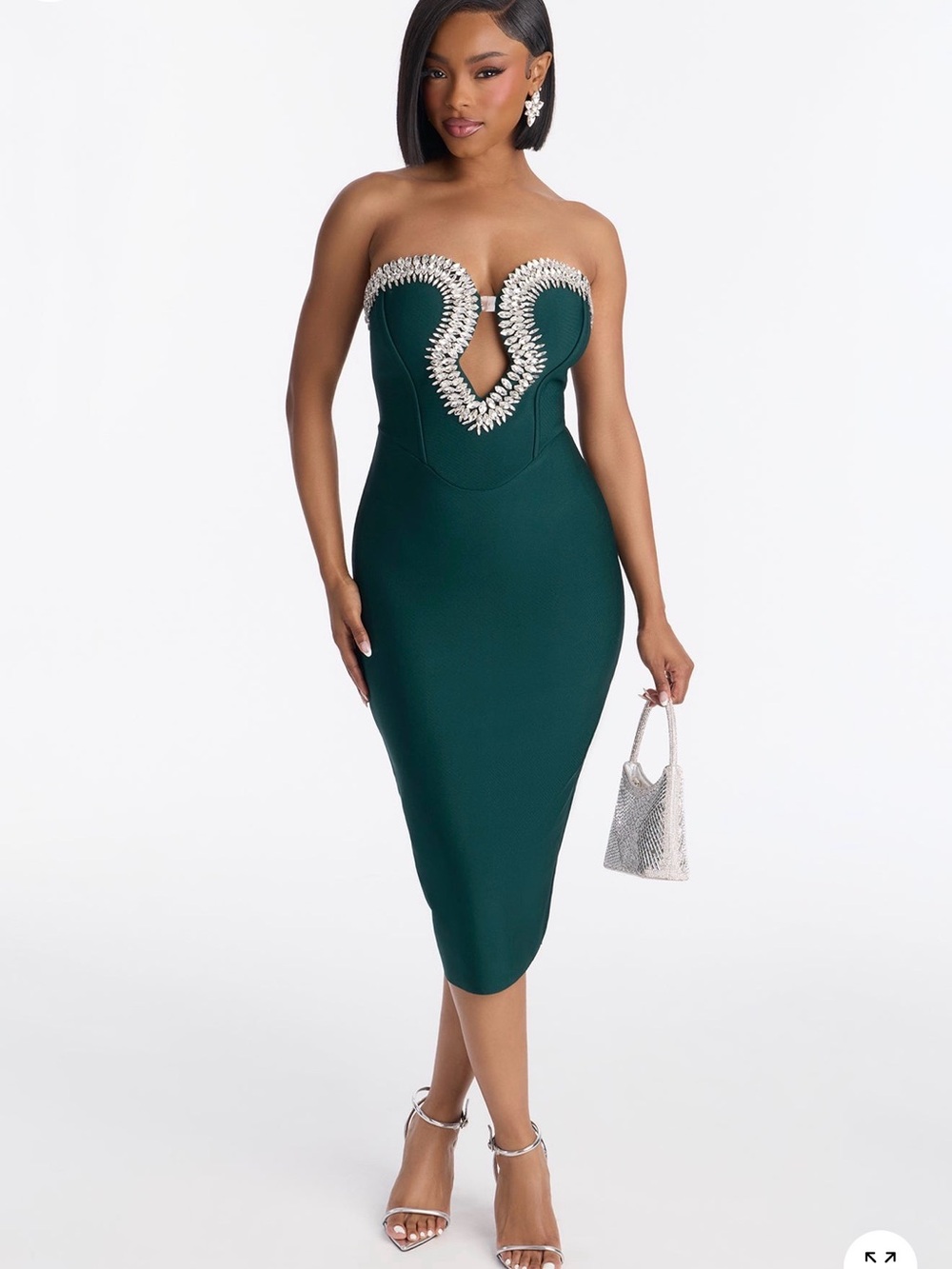 Fashion Nova Liora Strapless Emerald Green Midi Dress with Jeweled Heart Detail